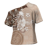 Tonga Ngatu Motifs Cross Shoulder Shirt With Coat Of Arms Beige