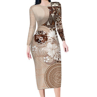 Tonga Ngatu Motifs Family Matching Long Sleeve Bodycon Dress and Hawaiian Shirt With Coat Of Arms Beige LT05 Mom's Dress Beige - Polynesian Pride