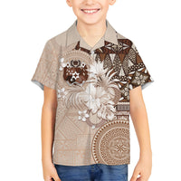 Tonga Ngatu Motifs Family Matching Off Shoulder Maxi Dress and Hawaiian Shirt With Coat Of Arms Beige LT05 Son's Shirt Beige - Polynesian Pride