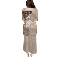Tonga Ngatu Motifs Family Matching Puletasi and Hawaiian Shirt With Coat Of Arms Beige LT05 - Polynesian Pride