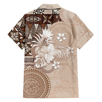 Tonga Ngatu Motifs Family Matching Tank Maxi Dress and Hawaiian Shirt With Coat Of Arms Beige LT05 - Polynesian Pride