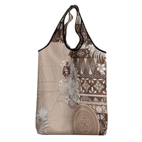 Tonga Ngatu Motifs Grocery Bag With Coat Of Arms Beige