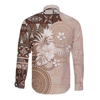 Tonga Ngatu Motifs Long Sleeve Button Shirt With Coat Of Arms Beige