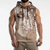 Tonga Ngatu Motifs Sleeveless Hoodie With Coat Of Arms Beige