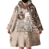 Tonga Ngatu Motifs Wearable Blanket Hoodie With Coat Of Arms Beige LT05 - Polynesian Pride