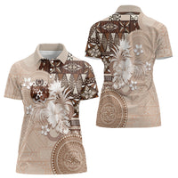 Tonga Ngatu Motifs Women Polo Shirt With Coat Of Arms Beige LT05 - Polynesian Pride