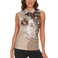 Tonga Ngatu Motifs Women Sleeveless Polo Shirt With Coat Of Arms Beige LT05 - Polynesian Pride