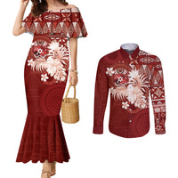 Tonga Ngatu Motifs Couples Matching Mermaid Dress and Long Sleeve Button Shirt With Coat Of Arms Red LT05 Red - Polynesian Pride