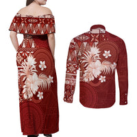 Tonga Ngatu Motifs Couples Matching Off Shoulder Maxi Dress and Long Sleeve Button Shirt With Coat Of Arms Red LT05 - Polynesian Pride