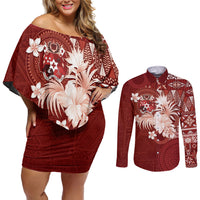 Tonga Ngatu Motifs Couples Matching Off Shoulder Short Dress and Long Sleeve Button Shirt With Coat Of Arms Red LT05 Red - Polynesian Pride