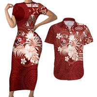 Tonga Ngatu Motifs Couples Matching Short Sleeve Bodycon Dress and Hawaiian Shirt With Coat Of Arms Red LT05 Red - Polynesian Pride