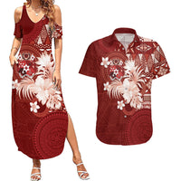 Tonga Ngatu Motifs Couples Matching Summer Maxi Dress and Hawaiian Shirt With Coat Of Arms Red LT05 Red - Polynesian Pride