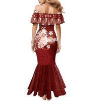 Tonga Ngatu Motifs Family Matching Mermaid Dress and Hawaiian Shirt With Coat Of Arms Red LT05 - Polynesian Pride