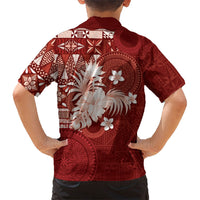 Tonga Ngatu Motifs Family Matching Off The Shoulder Long Sleeve Dress and Hawaiian Shirt With Coat Of Arms Red LT05 - Polynesian Pride