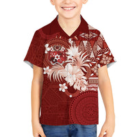 Tonga Ngatu Motifs Family Matching Off The Shoulder Long Sleeve Dress and Hawaiian Shirt With Coat Of Arms Red LT05 Son's Shirt Red - Polynesian Pride