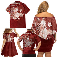 Tonga Ngatu Motifs Family Matching Off Shoulder Short Dress and Hawaiian Shirt With Coat Of Arms Red LT05 - Polynesian Pride