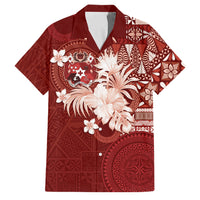 Tonga Ngatu Motifs Family Matching Off Shoulder Short Dress and Hawaiian Shirt With Coat Of Arms Red LT05 Dad's Shirt - Short Sleeve Red - Polynesian Pride
