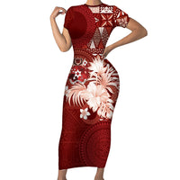 Tonga Ngatu Motifs Short Sleeve Bodycon Dress With Coat Of Arms Red LT05 Long Dress Red - Polynesian Pride