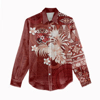 Tonga Ngatu Motifs Women Casual Shirt With Coat Of Arms Red LT05 - Polynesian Pride