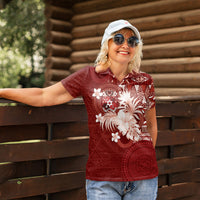 Tonga Ngatu Motifs Women Polo Shirt With Coat Of Arms Red LT05 - Polynesian Pride