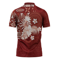 Tonga Ngatu Motifs Zipper Polo Shirt With Coat Of Arms Red