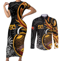 Personalised Papua New Guinea Couples Matching Short Sleeve Bodycon Dress and Long Sleeve Button Shirt Happy 50th Independence Anniversary LT05 Black - Polynesian Pride