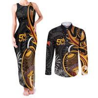 Personalised Papua New Guinea Couples Matching Tank Maxi Dress and Long Sleeve Button Shirt Happy 50th Independence Anniversary LT05 Black - Polynesian Pride