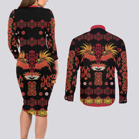 Papua Batik Motif Couples Matching Long Sleeve Bodycon Dress and Long Sleeve Button Shirt Papua Spirit Black Version LT05 - Polynesian Pride
