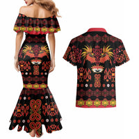 Papua Batik Motif Couples Matching Mermaid Dress and Hawaiian Shirt Papua Spirit Black Version - Polynesian Pride