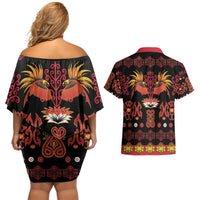 Papua Batik Motif Couples Matching Off Shoulder Short Dress and Hawaiian Shirt Papua Spirit Black Version LT05 - Polynesian Pride