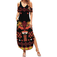 Papua Batik Motif Family Matching Summer Maxi Dress and Hawaiian Shirt Papua Spirit Black Version LT05 Mom's Dress Black - Polynesian Pride