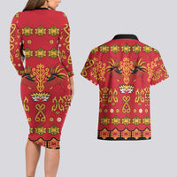 Papua Batik Motif Couples Matching Long Sleeve Bodycon Dress and Hawaiian Shirt Papua Spirit Red Version - Polynesian Pride