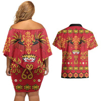 Papua Batik Motif Couples Matching Off Shoulder Short Dress and Hawaiian Shirt Papua Spirit Red Version LT05 - Polynesian Pride