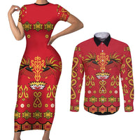 Papua Batik Motif Couples Matching Short Sleeve Bodycon Dress and Long Sleeve Button Shirt Papua Spirit Red Version LT05 Red - Polynesian Pride