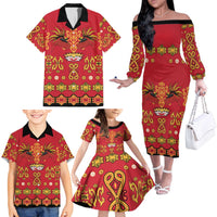 Papua Batik Motif Family Matching Off The Shoulder Long Sleeve Dress and Hawaiian Shirt Papua Spirit Red Version - Polynesian Pride