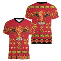 Papua Batik Motif Women V-Neck T-Shirt Papua Spirit Red Version LT05 - Polynesian Pride