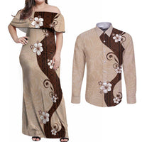 Polynesia Hibiscus Couples Matching Off Shoulder Maxi Dress and Long Sleeve Button Shirt Cameo Curve Motif - Polynesian Pride