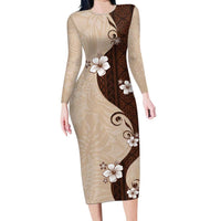 Polynesia Hibiscus Long Sleeve Bodycon Dress Cameo Curve Motif LT05 Long Dress Beige - Polynesian Pride