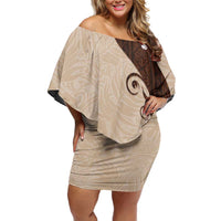 Polynesia Hibiscus Off Shoulder Short Dress Cameo Curve Motif LT05 Women Beige - Polynesian Pride