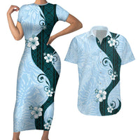 Polynesia Hibiscus Couples Matching Short Sleeve Bodycon Dress and Hawaiian Shirt Sky Blue Curve Motif LT05 Blue - Polynesian Pride