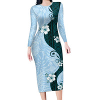 Polynesia Hibiscus Long Sleeve Bodycon Dress Sky Blue Curve Motif LT05 Long Dress Blue - Polynesian Pride