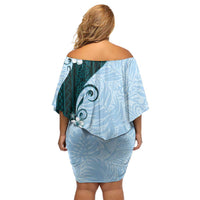 Polynesia Hibiscus Off Shoulder Short Dress Sky Blue Curve Motif LT05 - Polynesian Pride