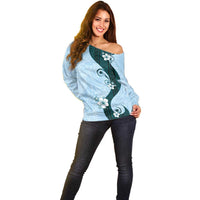 Polynesia Hibiscus Off Shoulder Sweater Sky Blue Curve Motif - Polynesian Pride