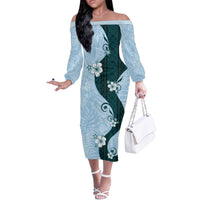 Polynesia Hibiscus Off The Shoulder Long Sleeve Dress Sky Blue Curve Motif - Polynesian Pride