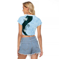 Polynesia Hibiscus Raglan Cropped T Shirt Sky Blue Curve Motif LT05 - Polynesian Pride