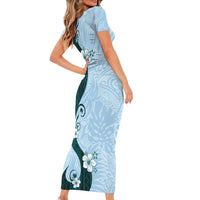 Polynesia Hibiscus Short Sleeve Bodycon Dress Sky Blue Curve Motif - Polynesian Pride