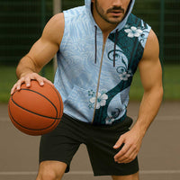 Polynesia Hibiscus Sleeveless Zip Hoodie Sky Blue Curve Motif - Polynesian Pride