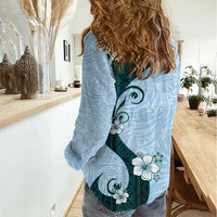 Polynesia Hibiscus Women Casual Shirt Sky Blue Curve Motif LT05 - Polynesian Pride