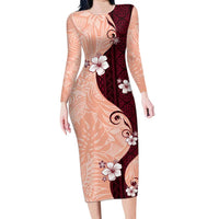 Polynesia Hibiscus Long Sleeve Bodycon Dress Rose Bud Curve Motif LT05 Long Dress Red - Polynesian Pride