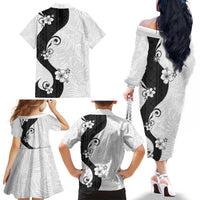 Polynesia Hibiscus Family Matching Off The Shoulder Long Sleeve Dress and Hawaiian Shirt White Curve Motif - Polynesian Pride